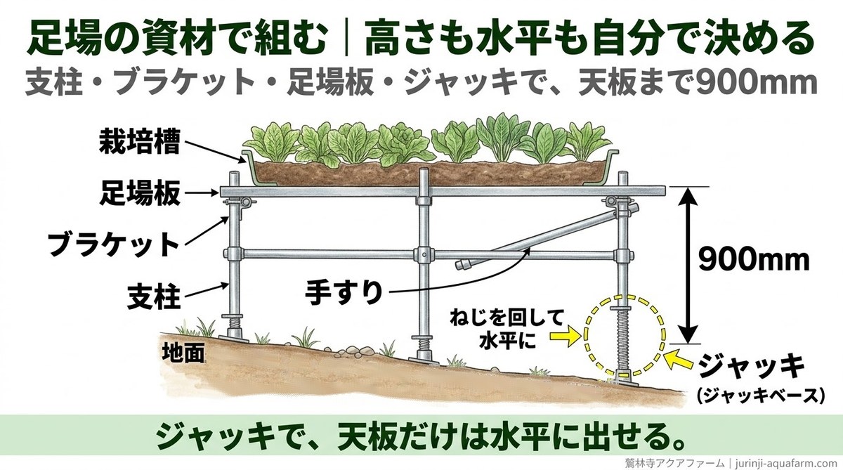 足場の資材で組んだ栽培槽の断面図。支柱・ブラケット・足場板・手すり・ジャッキで、天板まで900mm、ジャッキで水平を出す