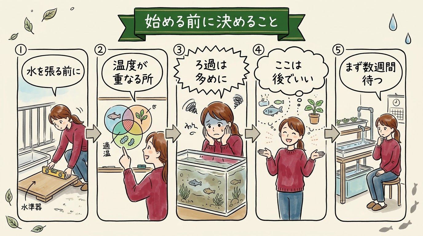アクアポニックスを始める前に、置き場所、三つの適温、ろ過の量を先に決め、方式と魚と野菜はあとでいいこと、立ち上げに数週間かかることを順に整理したグラレコ(グラフィックレコーディング)