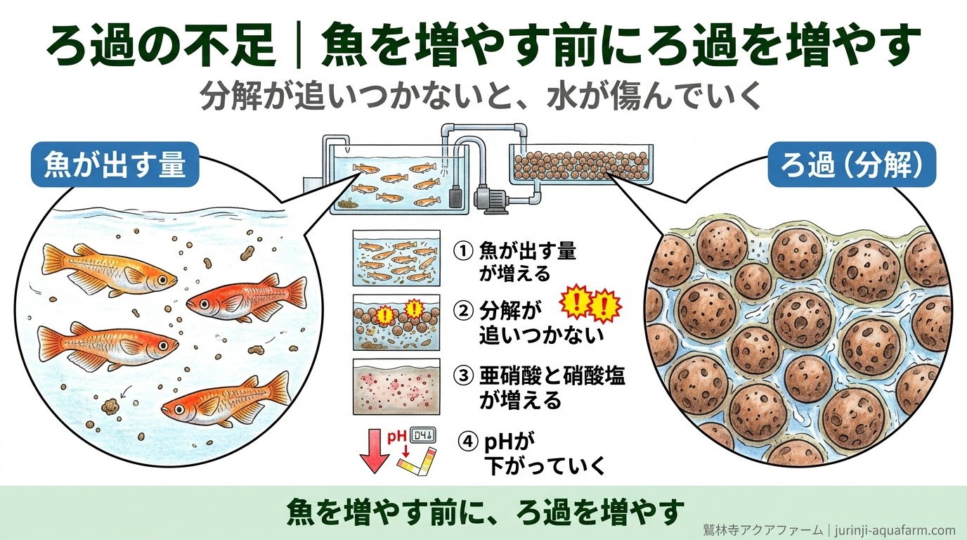 魚が出す量にろ過の分解が追いつかず、亜硝酸と硝酸塩が増えてpHが下がっていく流れを、魚の水槽とろ過の拡大枠で示した精密図解