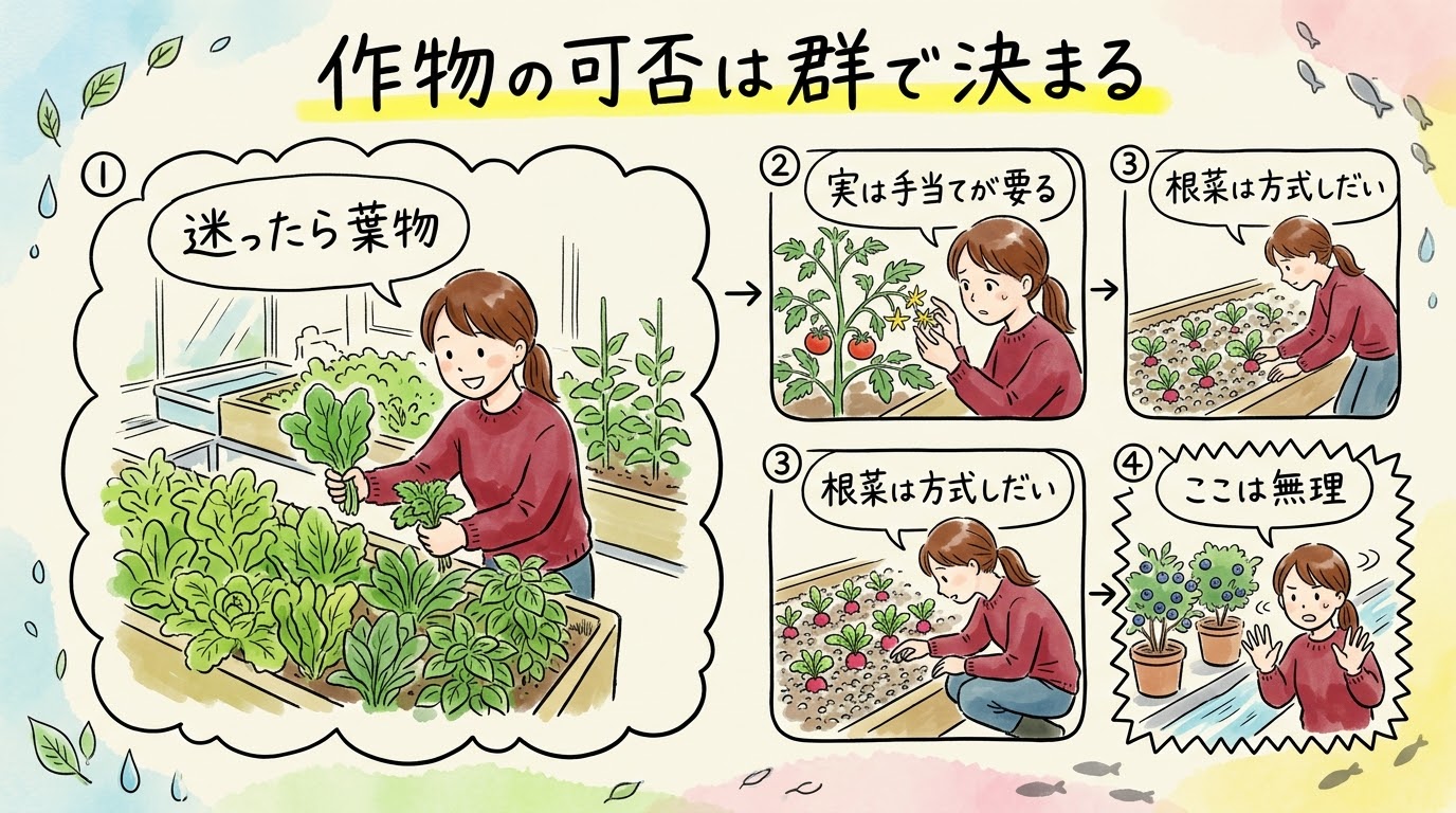 葉物とハーブ、実もの、根菜、向かない作物の4群で、アクアポニックスで育つ作物の可否を整理したグラレコ（グラフィックレコーディング）。迷ったら葉物を選べば失敗しない
