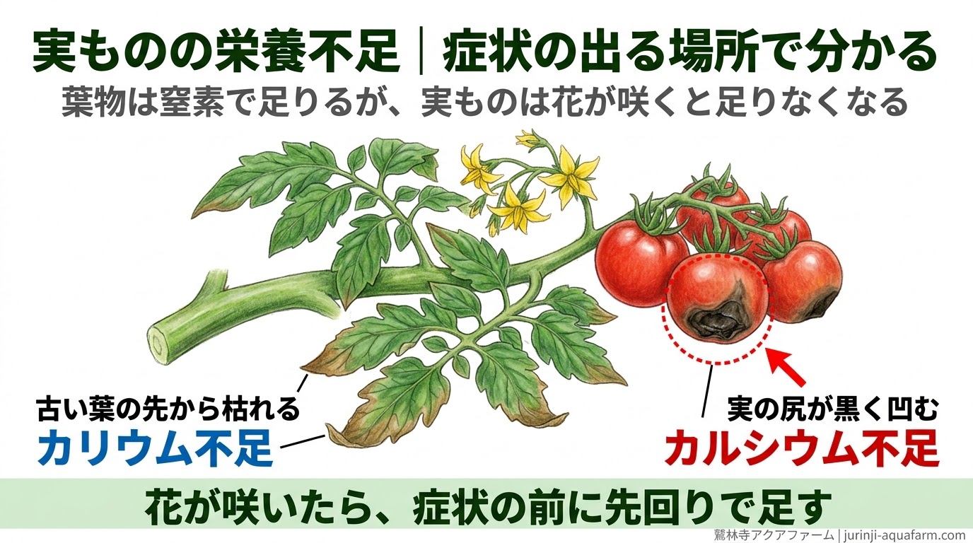 実ものの栄養不足を、トマトを横から描いて示した精密図解。古い葉の先が枯れるのはカリウム、実の尻が黒く凹むのはカルシウムの不足と、症状の出る場所で見分ける