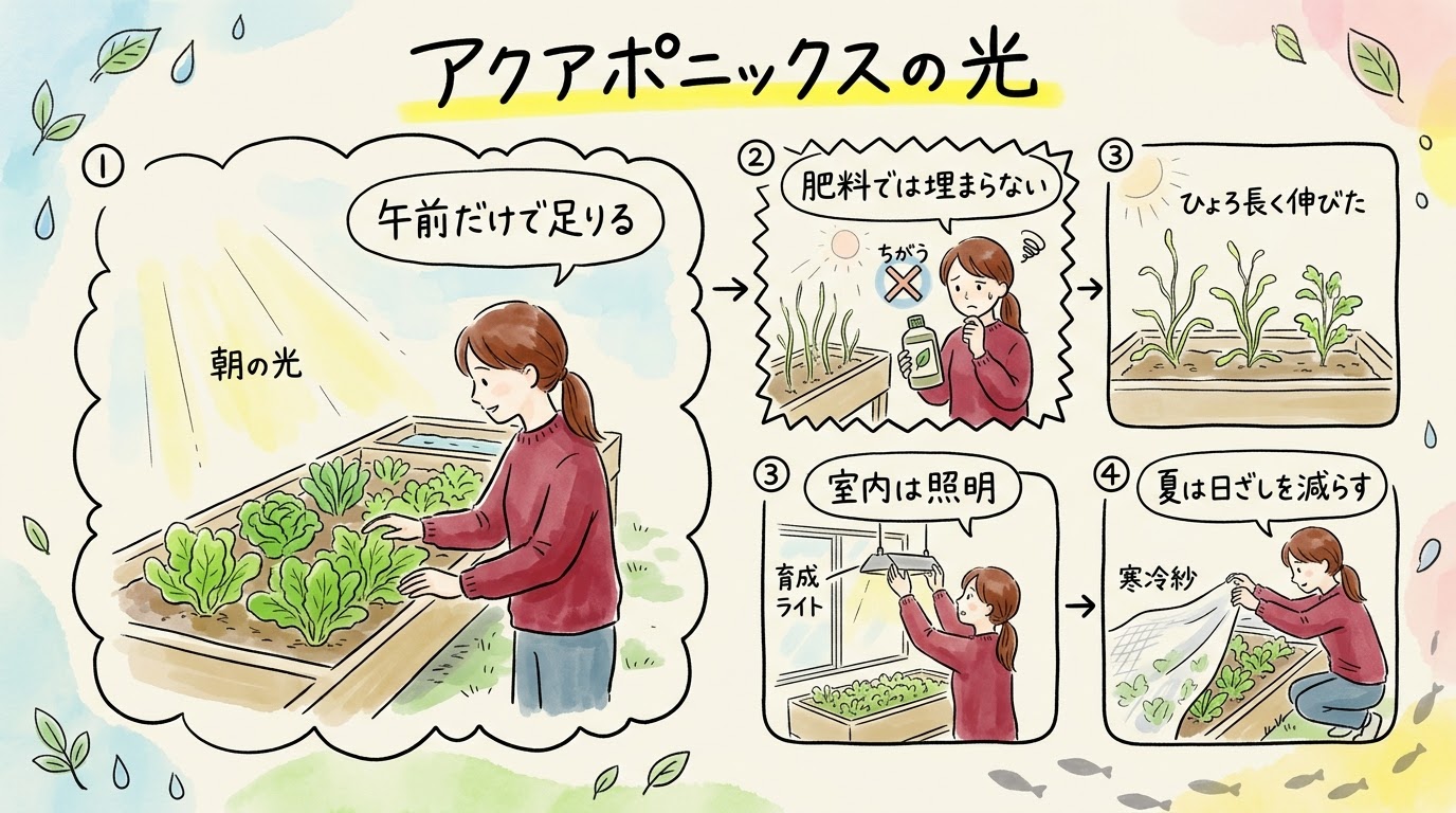 アクアポニックスの光を、午前だけ当たる場所が扱いやすいこと、足りないと茎が伸びて肥料では埋まらないこと、室内は照明が要ること、夏は減らす仕事になることで整理したグラレコ(グラフィックレコーディング)