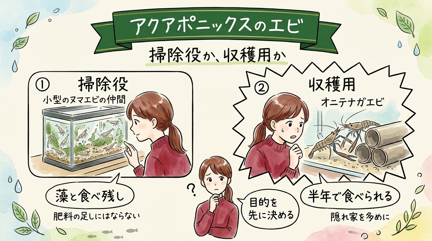 アクアポニックスでエビを入れる目的を、藻と食べ残しを片づける掃除役と、半年で食べられる大きさになる収穫用で比べたグラレコ（グラフィックレコーディング）