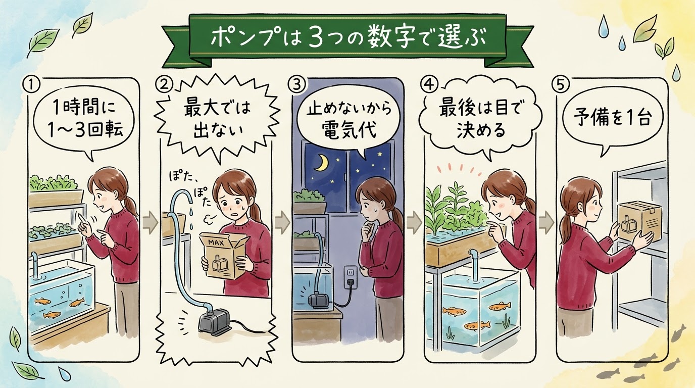 アクアポニックスのポンプを、流量・揚程・消費電力の3つの数字の順に選び、動かして目で確かめ、予備を1台持つまでを整理したグラレコ(グラフィックレコーディング)