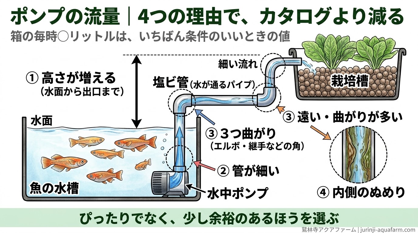 アクアポニックスの装置を横から切って、水面から出口までの高さ・細い配管・距離と曲がり・内側の汚れの4つで、ポンプの実際の流量がカタログより減ることを示した精密図解