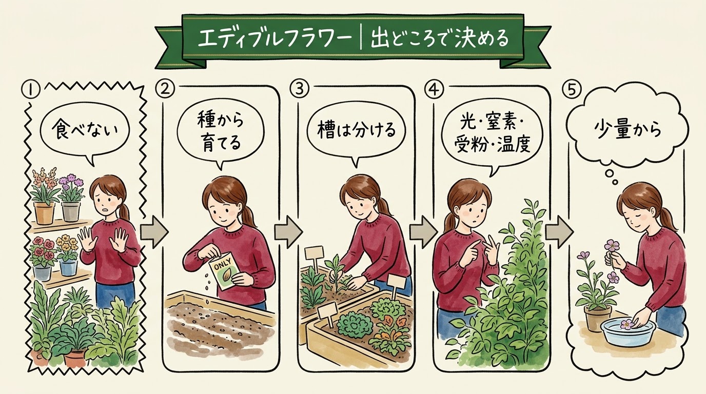 エディブルフラワーの流れのグラレコ。花屋や庭の花は食べず、食用の種から育て、槽を分け、咲かないときは順に見て、摘んだら洗って少量から