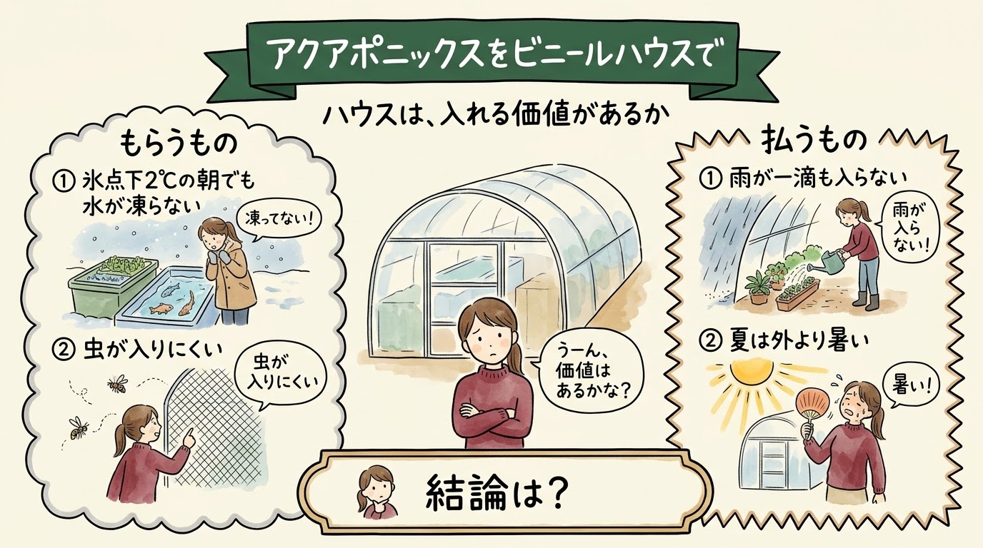 アクアポニックスをビニールハウスで行う価値を、もらうもの(氷点下2℃でも水が凍らない・虫が入りにくい)と払うもの(雨が一滴も入らない・夏は外より暑い)で整理したグラレコ(グラフィックレコーディング)