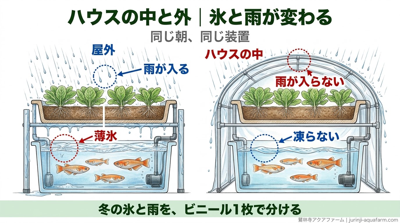 ビニールハウスの外では雨が入り水面に薄氷が張るが、ハウスの中では雨が入らず水が凍らないことを横から比べた精密図解