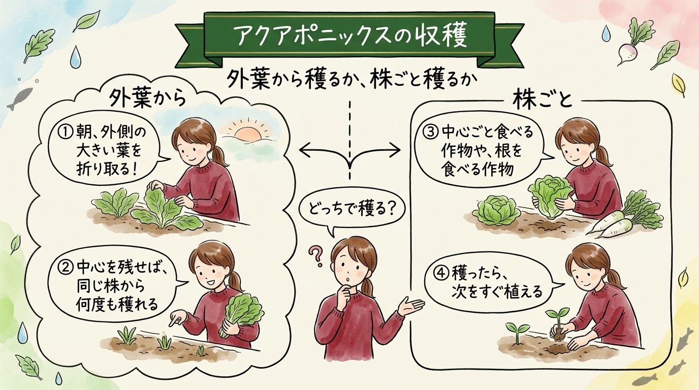 アクアポニックスの収穫を、外葉から穫るか株ごと穫るかで整理したグラレコ。外葉を折り取り中心を残せば同じ株から何度も収穫でき、根や中心を食べる作物は株ごと穫って次を植える