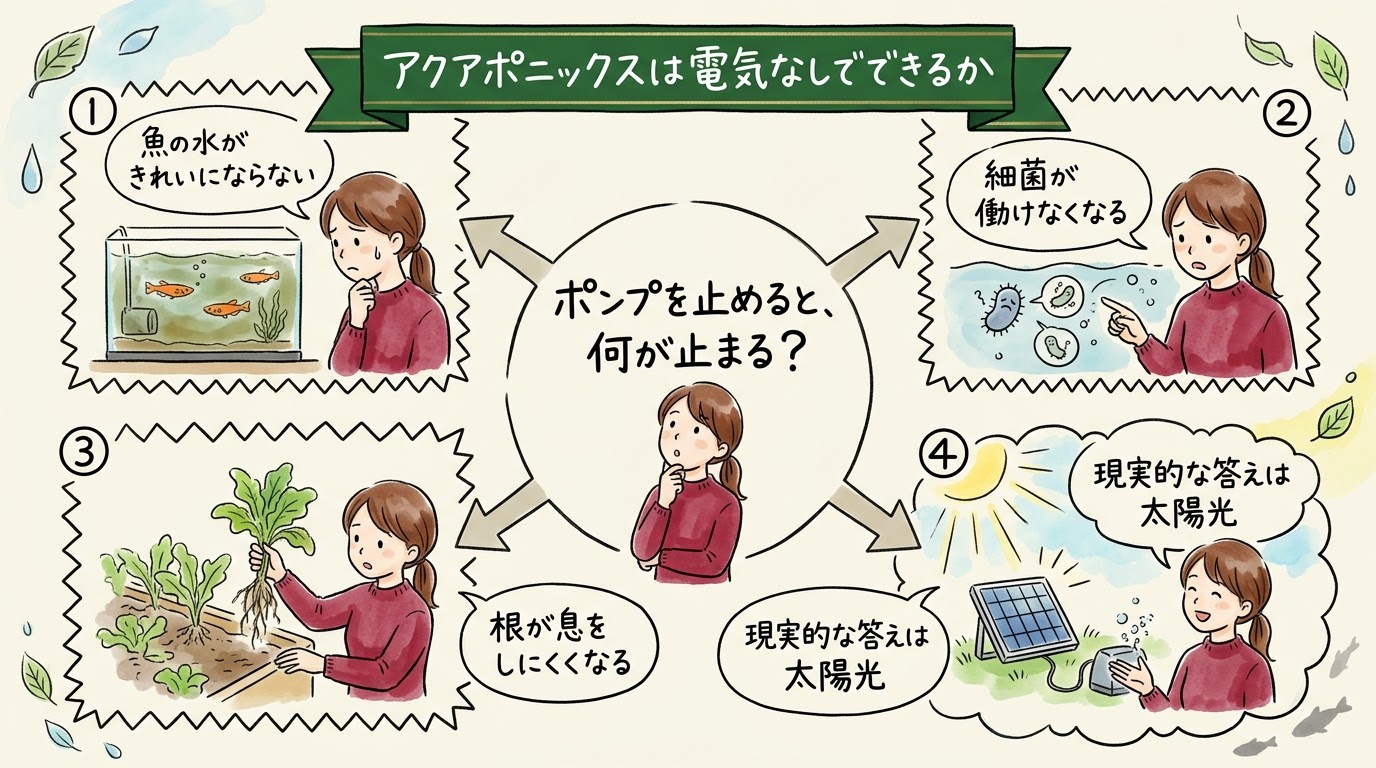 ポンプを止めるとアクアポニックスで何が止まるかを整理したグラレコ。魚の水が汚れ、細菌が働かなくなり、根が息をしにくくなり、現実的な答えは太陽光発電