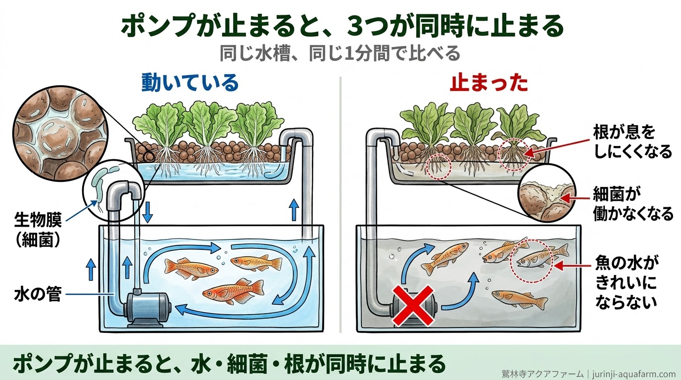 ポンプが動いているときと止まったときを横から比べた精密図解。止まると水が濁り、ろ材の細菌が働かなくなり、根が息をしにくくなる