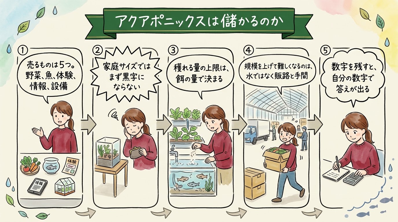 アクアポニックスが儲かるのかを、売るものは5つ、家庭サイズは農業にならない、量の上限は餌の量、規模を上げると水と人と設備が要る、数字を置いて答えを出す、の流れで整理したグラレコ