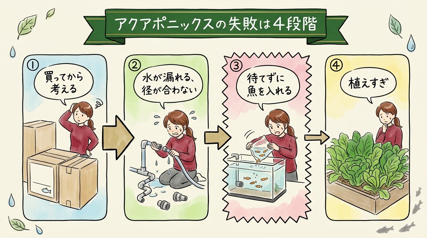 アクアポニックスの失敗を4段階(買ってから考える・水漏れや径の不一致・待てずに魚を入れる・植えすぎ)で整理したグラレコ