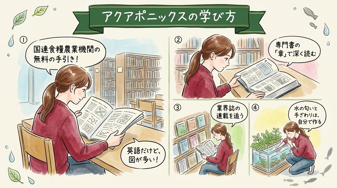 アクアポニックスの学び方を、国連食糧農業機関の無料の手引き、専門書の章、業界誌、水の匂いと手づくりの順で整理したグラレコ