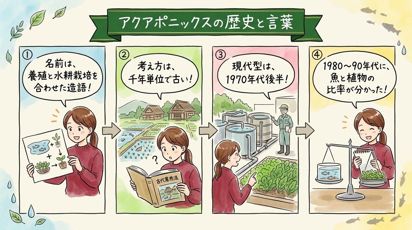 アクアポニックスの歴史と言葉を、名前は養殖と水耕栽培の造語、考え方は千年単位で古い、現代型は1970年代後半、1980〜90年代に魚と植物の比率が分かった、の順で整理したグラレコ