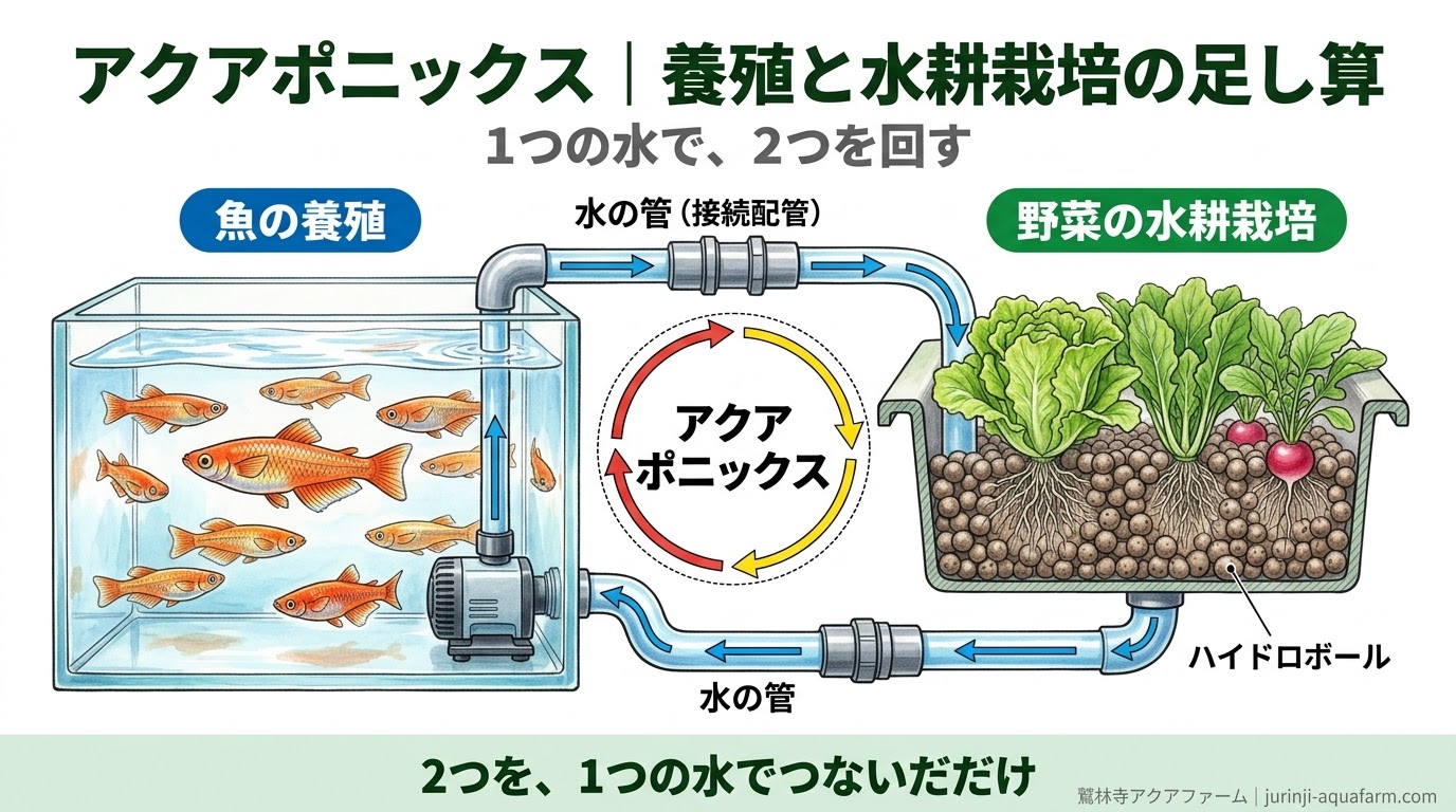 養殖の水槽と水耕栽培のベッドを1つの水でつなぎ、アクアポニックスは2つを足したものだと示した精密図解