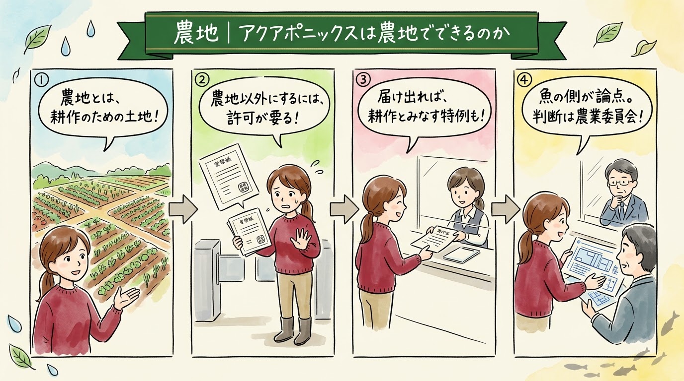 アクアポニックスは農地でできるのかを、農地とは耕作のための土地、農地以外にするには許可が要る、届け出れば特例がある、魚の側が論点になる、の順で整理したグラレコ