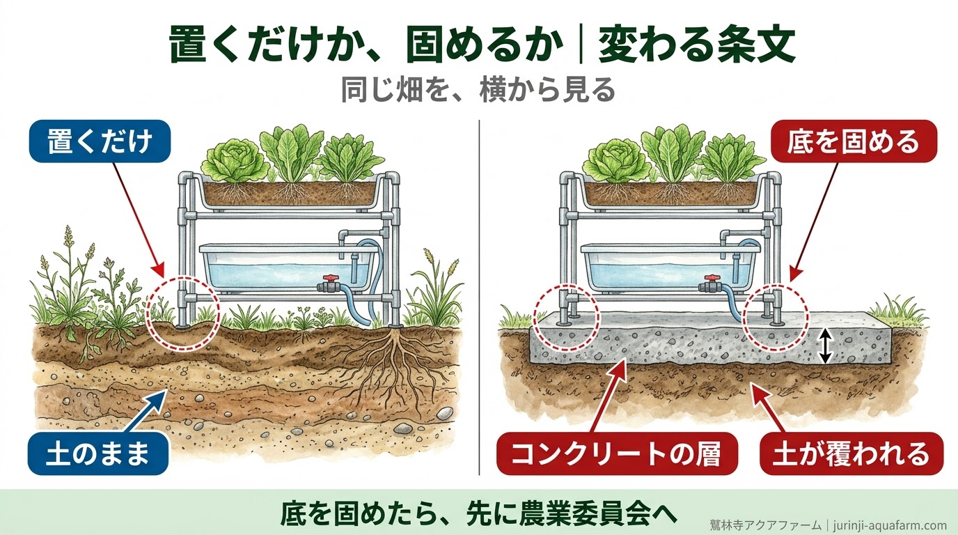 農地に設備を置くだけの場合と、底をコンクリートで固めた場合を横から比べた精密図解。固めると土が覆われ、農地以外にする許可の話になる