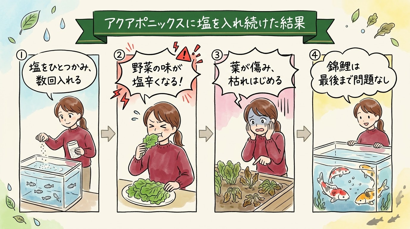 アクアポニックスに塩を入れ続けた結果を、塩を数回入れる、野菜が塩辛くなる、葉が傷んで枯れ始める、錦鯉は最後まで問題なし、の順で整理したグラレコ