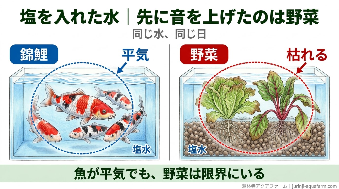 同じ塩水と同じ日で、錦鯉は平気なまま野菜が枯れることを比べた精密図解