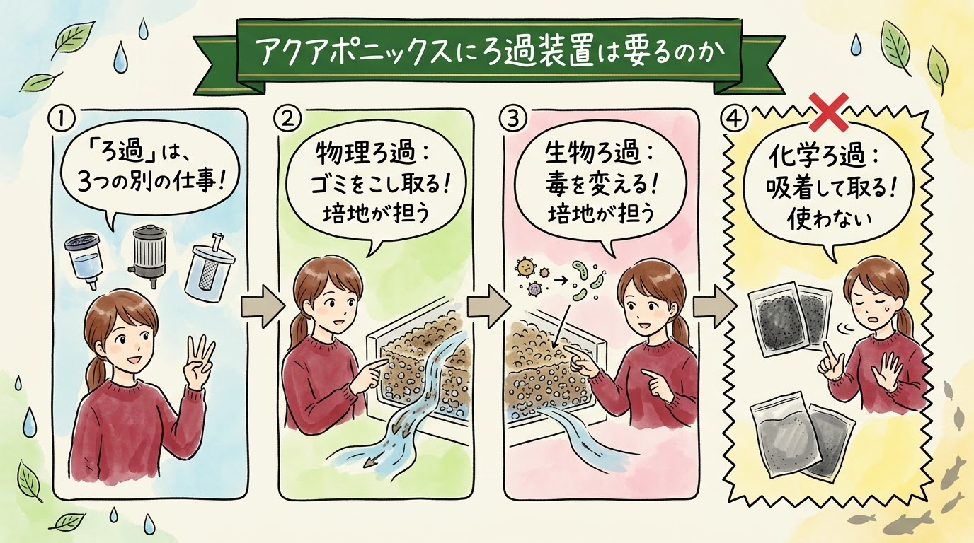 アクアポニックスにろ過装置が要るのかを、ろ過は3つの別の仕事、物理ろ過はゴミをこし取る、生物ろ過は毒を変える、化学ろ過は使わない、の順で整理したグラレコ