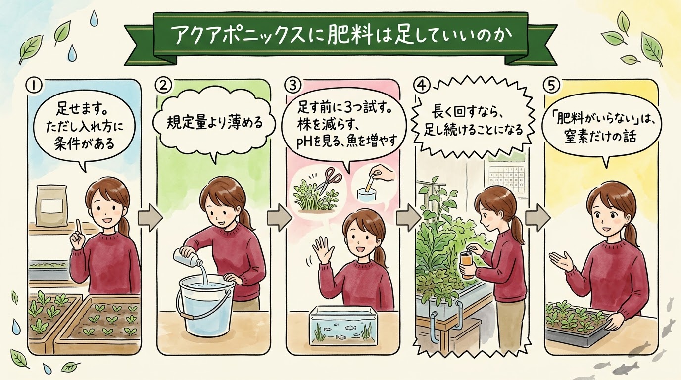 アクアポニックスに肥料を足していいのかを、足せるが条件がある、規定量より薄める、足す前に3つ試す、足し続けることになる、肥料がいらないは窒素だけの話、の順で整理したグラレコ