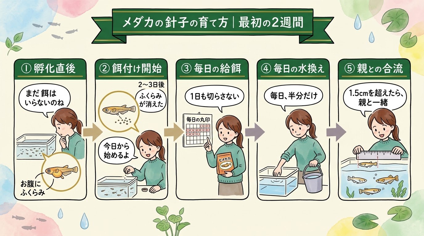 メダカの針子の最初の2週間の育て方を、孵化直後から親との合流までの場面で整理したグラレコ（グラフィックレコーディング）