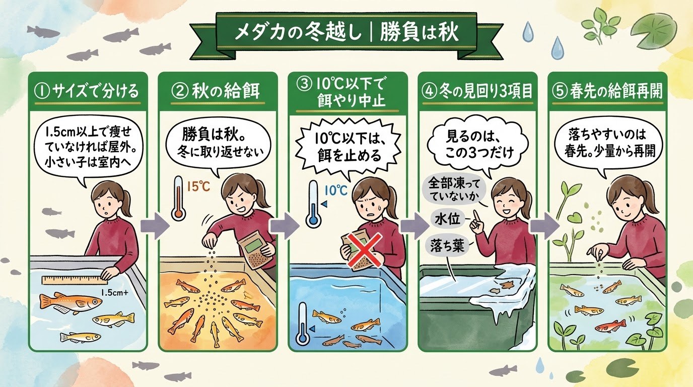 メダカの冬越しの流れを、秋の準備から春までの場面で整理したグラレコ（グラフィックレコーディング）