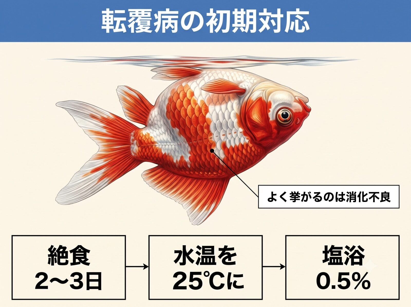 金魚の転覆病の初期対応の図解。絶食2〜3日、水温を25℃に、塩浴0.5%。原因としてよく挙がるのは消化不良