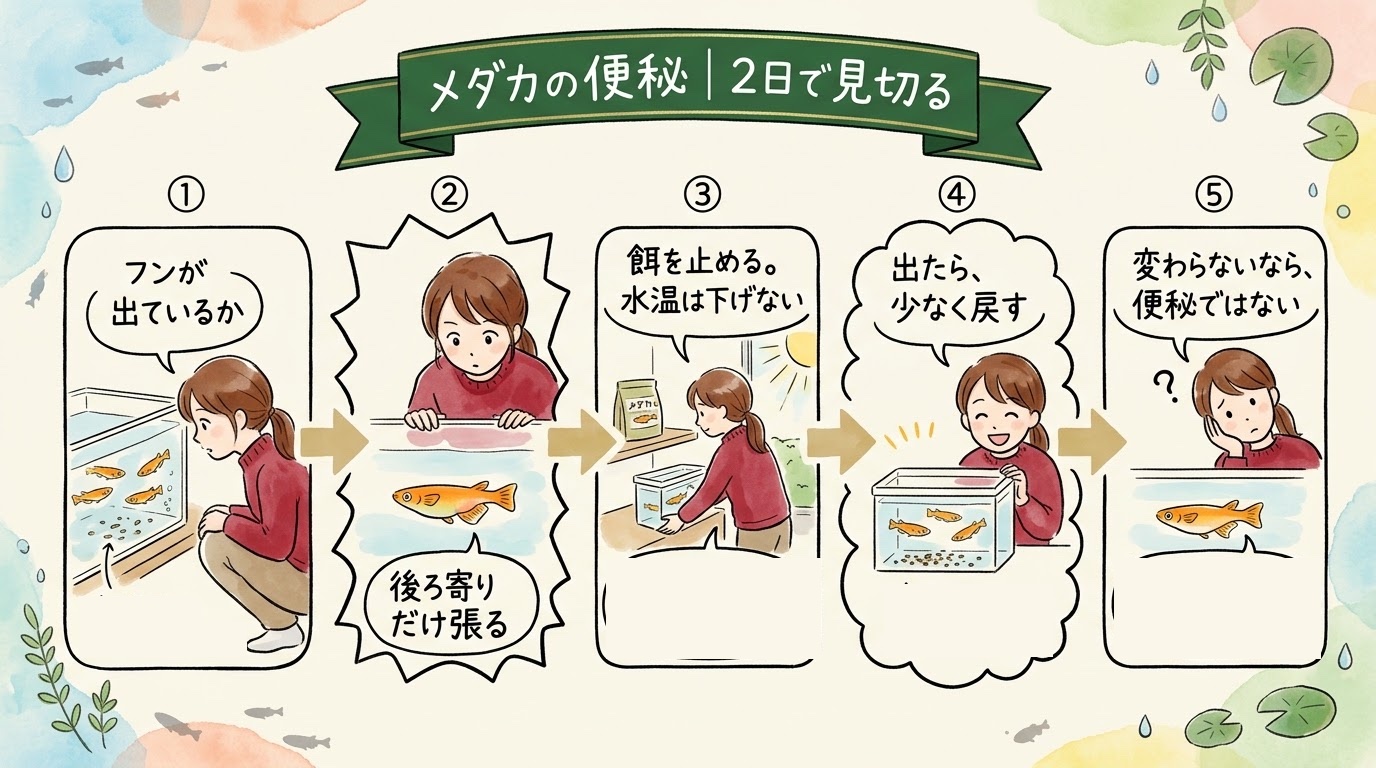 メダカの便秘を2日で見切る手順（フンを見る・後ろ寄りだけ張るか・餌を止める・出たら少なく戻す）を場面で整理したグラレコ（グラフィックレコーディング）