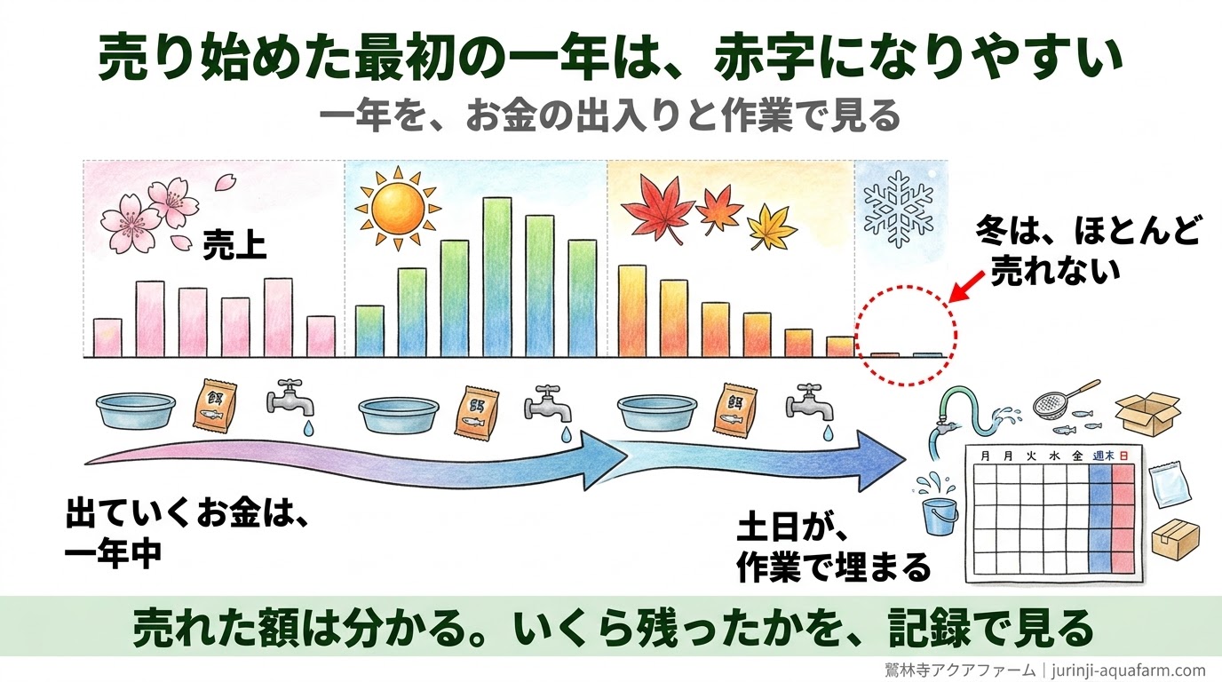 メダカを売り始めた最初の一年は、春から秋に売上が立ち、冬はほとんど売れず、出ていくお金は一年中続き、土日が作業で埋まることを示した精密図解