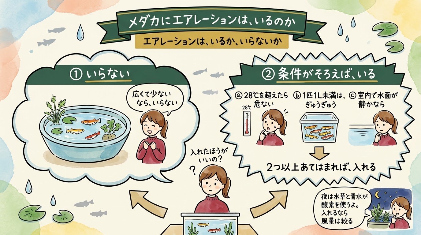 メダカにエアレーションが要るかどうかを場面で整理したグラレコ（グラフィックレコーディング）