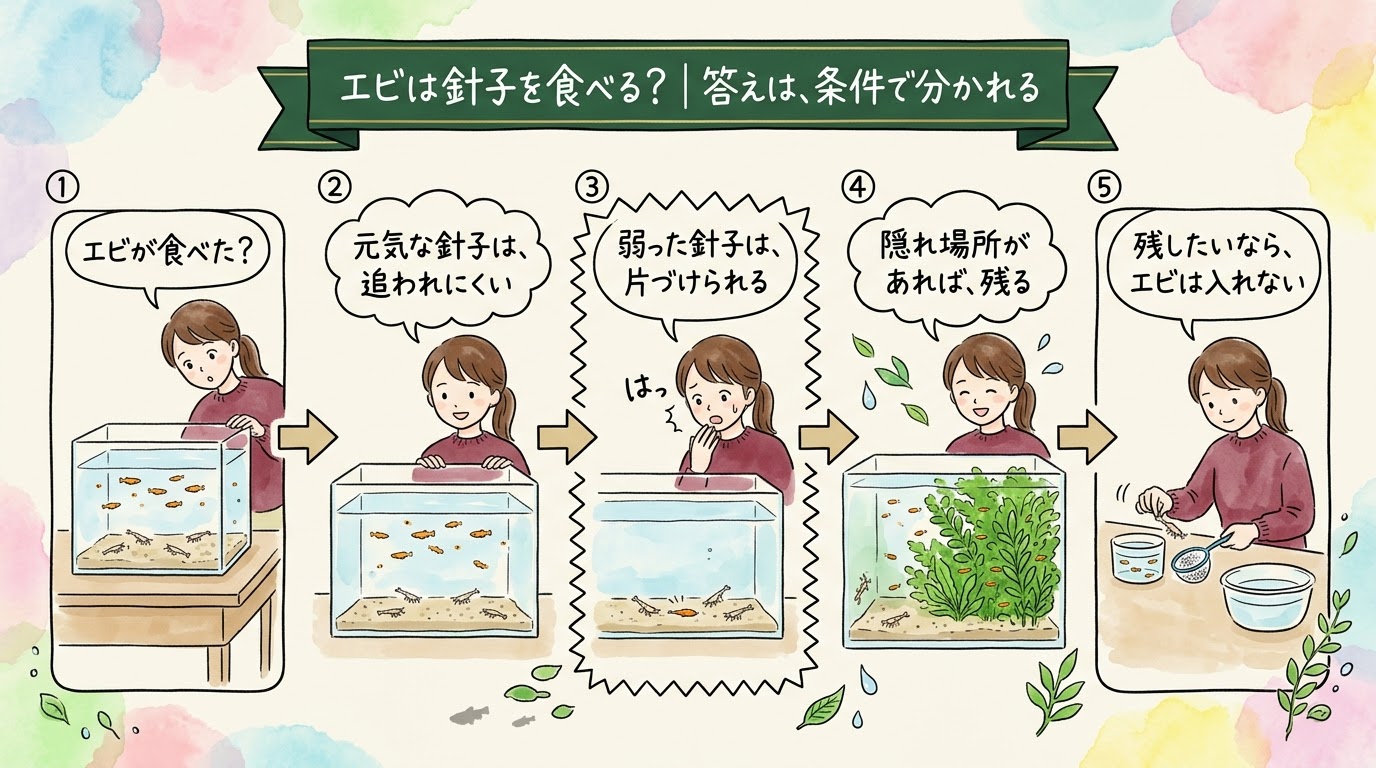エビは針子を食べるかは条件で分かれ、元気な針子は追われにくく、弱った針子は片づけられ、隠れ場所があれば残り、残したいならエビは入れないことを場面で整理したグラレコ（グラフィックレコーディング）