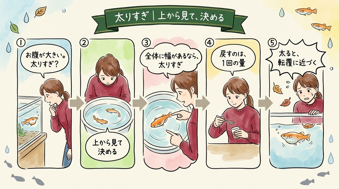 メダカの太りすぎは、上から見て全体に幅があるかで決め、戻すのは1回の量で、太ると転覆に近づくことを場面で整理したグラレコ(グラフィックレコーディング)