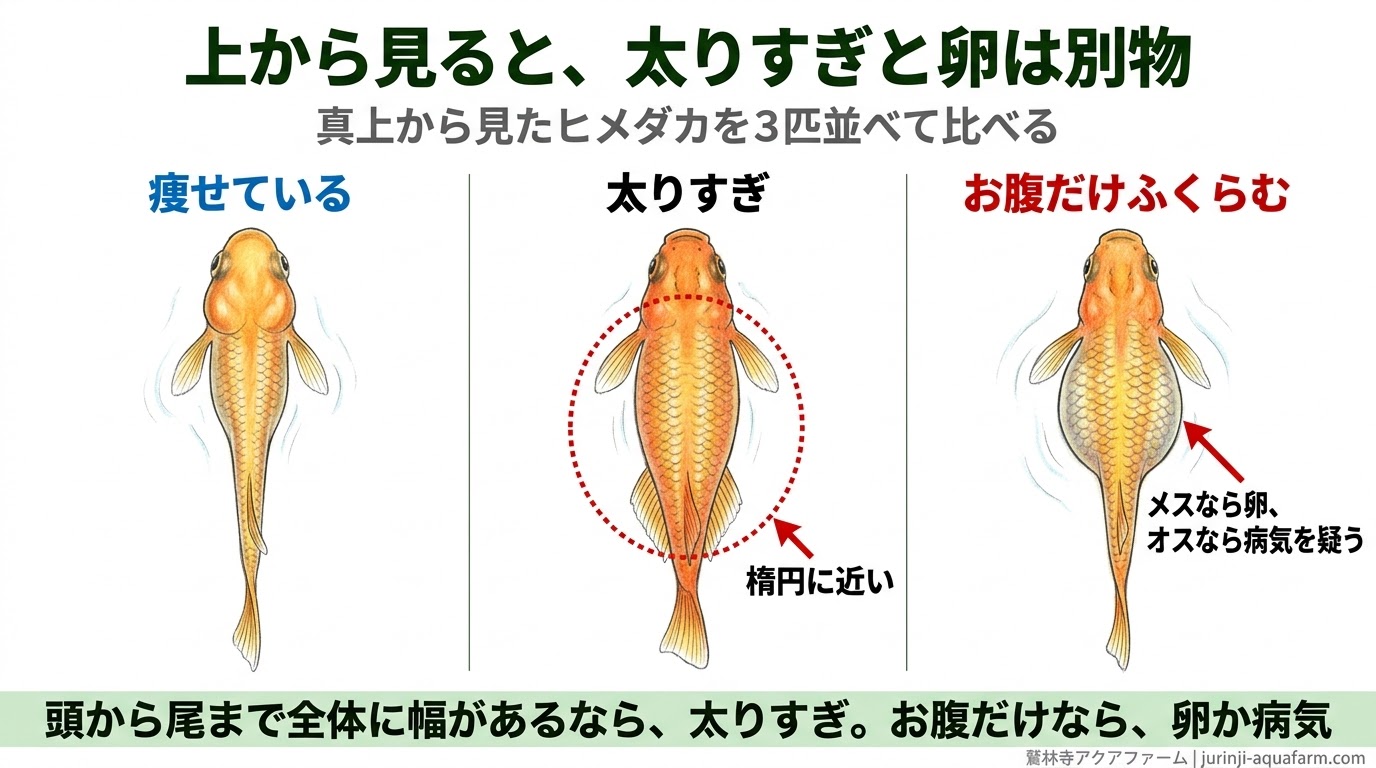 真上から見たヒメダカ3匹で、痩せている個体、全体に幅がある太りすぎ、お腹だけふくらむ個体を並べて比べた精密図解