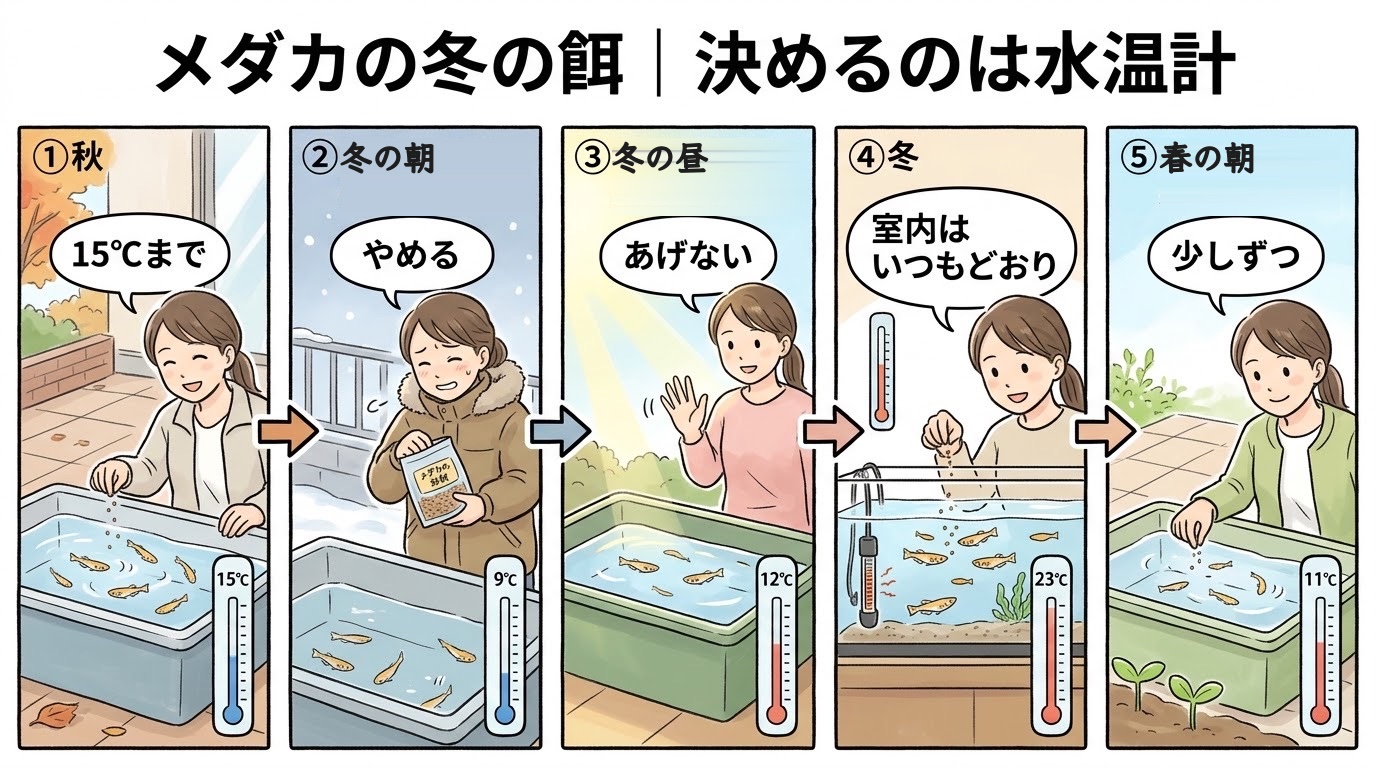 メダカの冬の餌は水温計で決めることを、秋・冬・春と室内の場面で整理したグラレコ(グラフィックレコーディング)