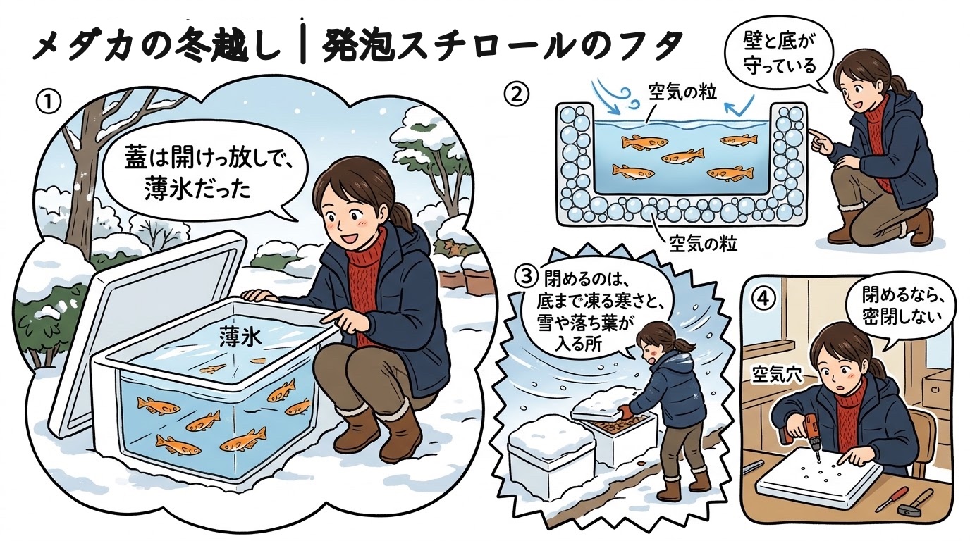 メダカの冬越しで発泡スチロールの蓋を閉めなくてよい理由を場面で整理したグラレコ（グラフィックレコーディング）