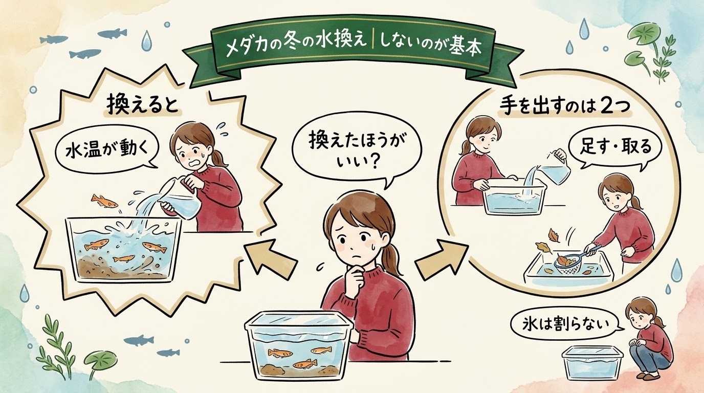 メダカの冬の水換えをしないのが基本で、手を出すのは足す・取るの2つだけであることを場面で整理したグラレコ(グラフィックレコーディング)