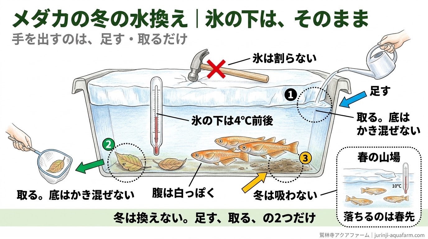 氷の張った冬のメダカの容器で、手を出すのは足す・取るだけであることを示した精密図解