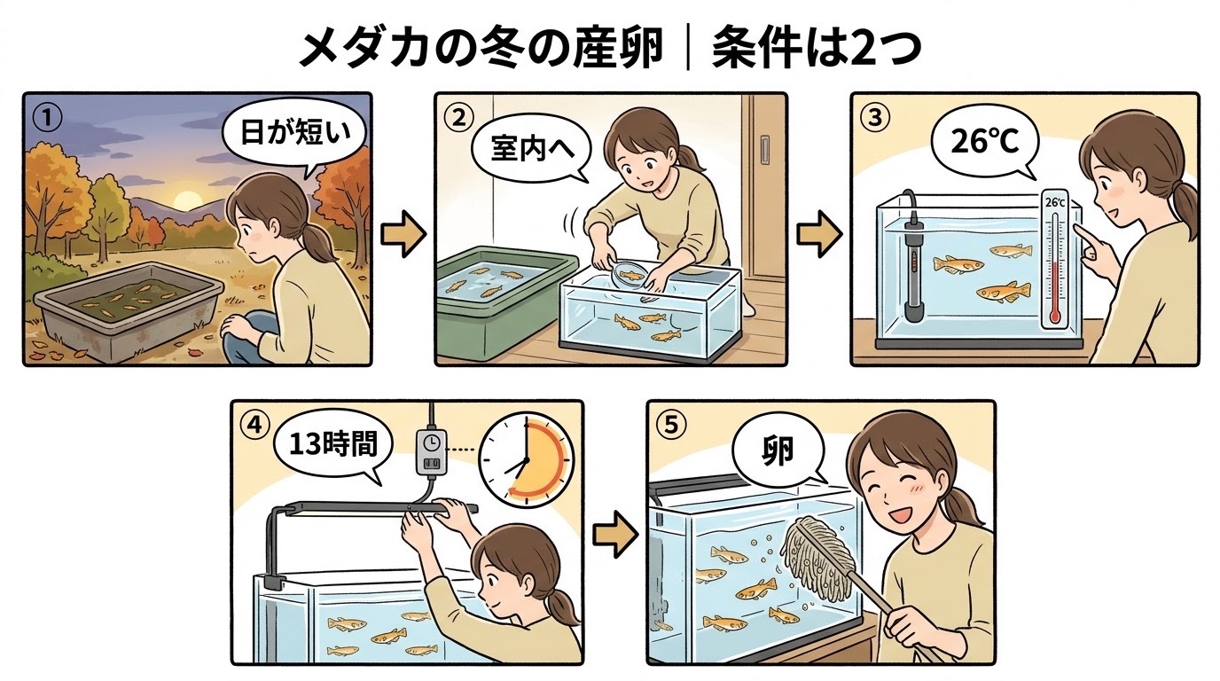 メダカの冬の産卵の条件（日の長さと水温26℃）を、秋の屋外から室内の水槽まで場面で整理したグラレコ（グラフィックレコーディング）