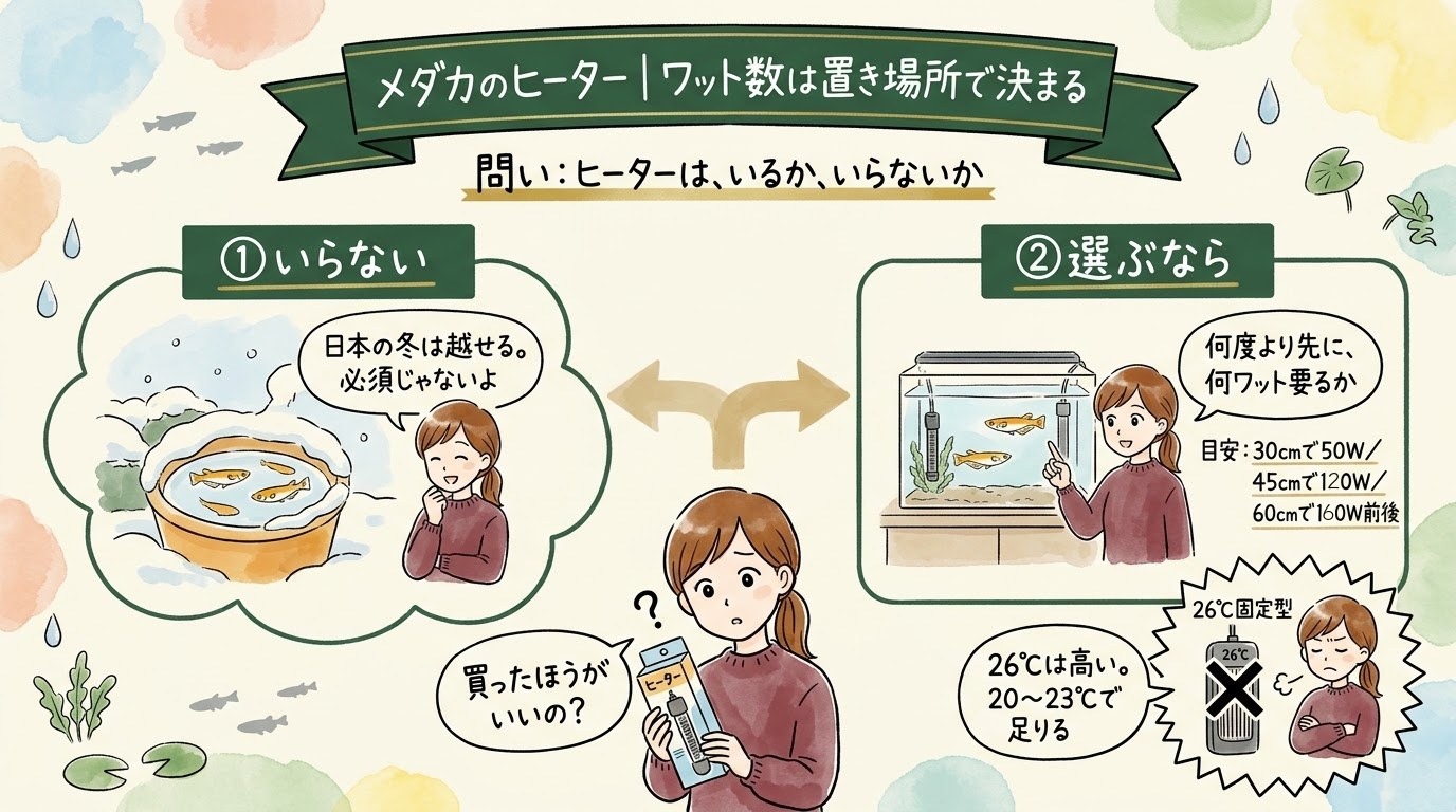 メダカのヒーターの要不要を、冬の水温の場面で整理したグラレコ（グラフィックレコーディング）