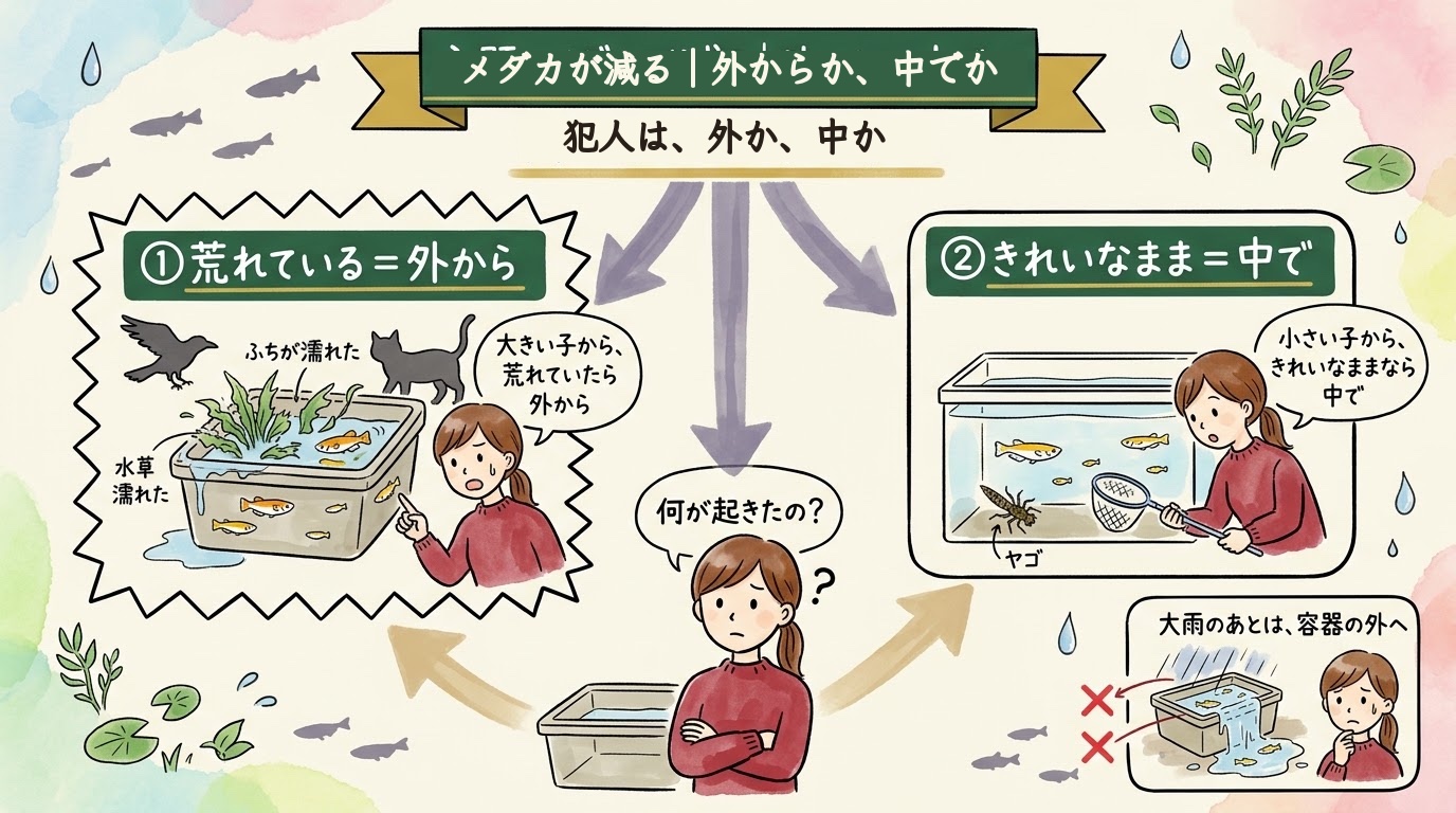 メダカが減る原因が容器の外からか中からかを場面で見分けるグラレコ(グラフィックレコーディング)