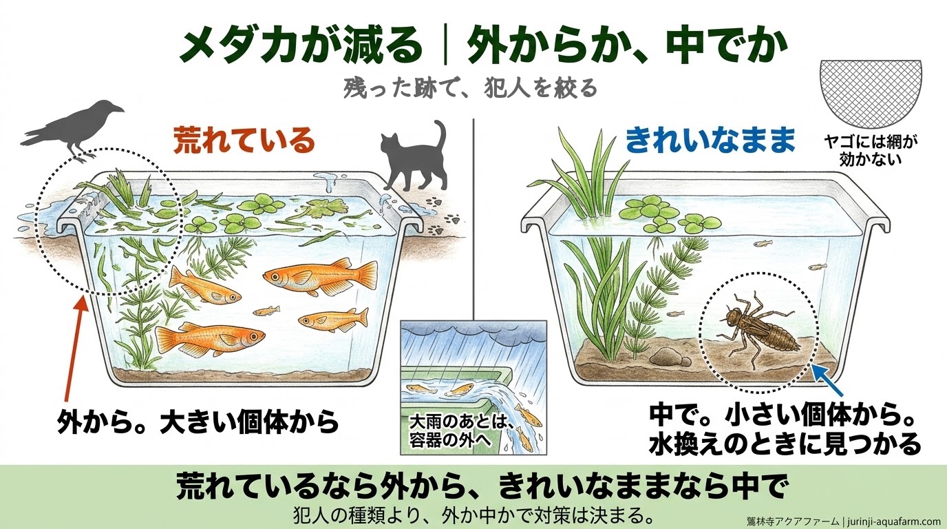メダカが消える犯人(鳥・獣・ヤゴ・容器の外)を、残った跡で絞り込む精密図解