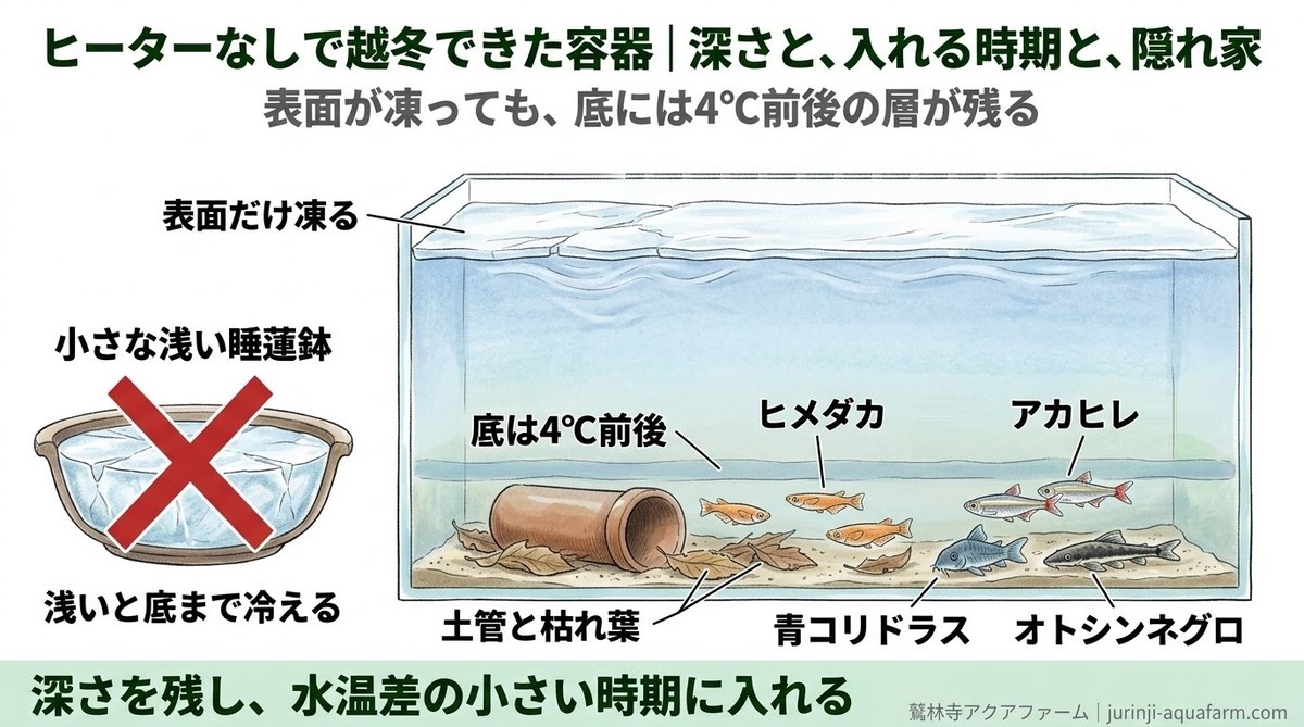 ヒーターなしで越冬できた深い水槽の断面で、表面だけ凍り底は4℃前後に保たれ、土管と枯れ葉のそばでヒメダカ・アカヒレ・青コリドラス・オトシンネグロがじっとしている。浅い睡蓮鉢は底まで冷えることを示した精密図解