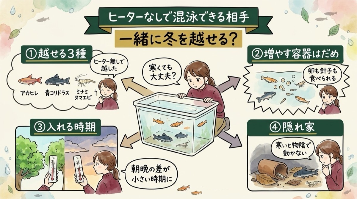 ヒーターなしでメダカと混泳できる相手を整理したグラレコ（グラフィックレコーディング）。アカヒレ・青コリドラス・ミナミヌマエビはヒーター無しで冬を越した。増やす容器には入れない。入れるのは朝晩の水温差が小さい時期で、寒いと物陰で動かなくなるので隠れ家を置く