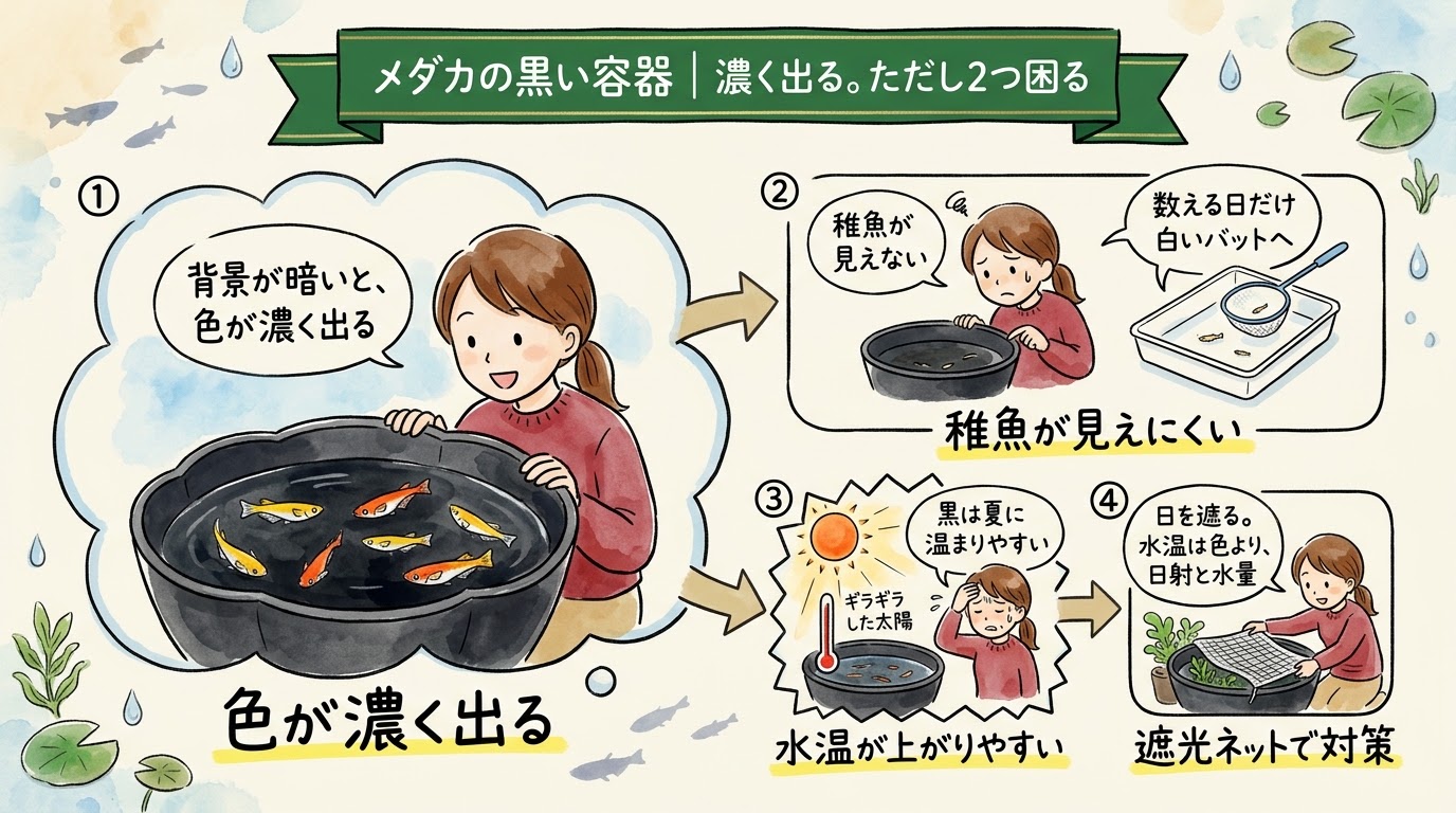 メダカの黒い容器で体色が濃く出る理由と、夏の水温・稚魚の見えにくさという欠点を場面で整理したグラレコ(グラフィックレコーディング)