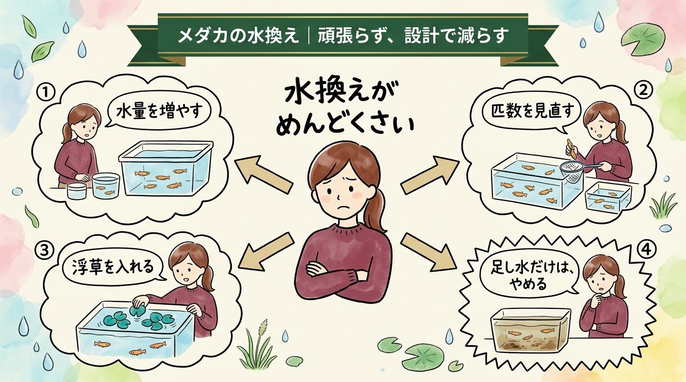 メダカの水換えの頻度は、水量を増やす・匹数を見直す・浮草を入れる設計で減らせて、足し水だけは水を悪くすることを場面で整理したグラレコ（グラフィックレコーディング）