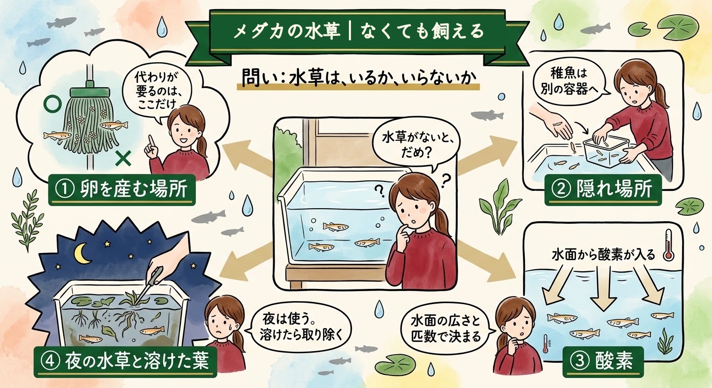 メダカは水草がなくても飼えること、代わりが要るのは産卵床だけであることを場面で整理したグラレコ（グラフィックレコーディング）