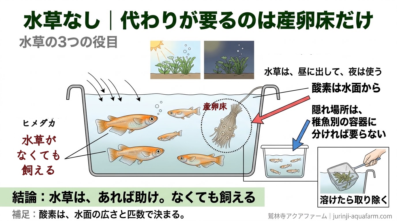 メダカの水草の3つの役目と、水草がなくても飼える理由、代わりに産卵床を入れる位置を示した精密図解