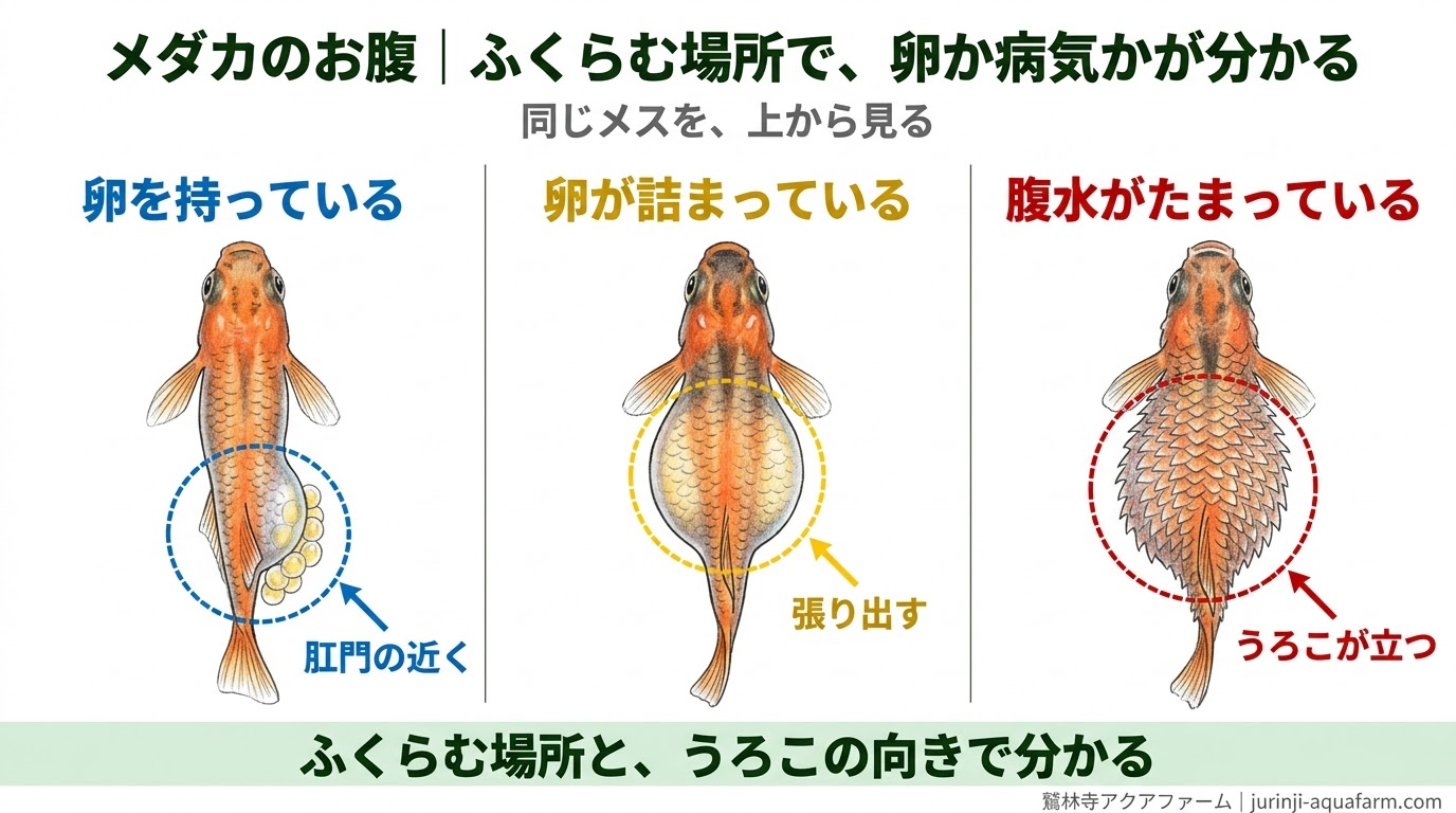 卵を持っている・卵が詰まっている・腹水がたまっている状態のメダカを上から見て比べた精密図解。腹水はうろこが立つ
